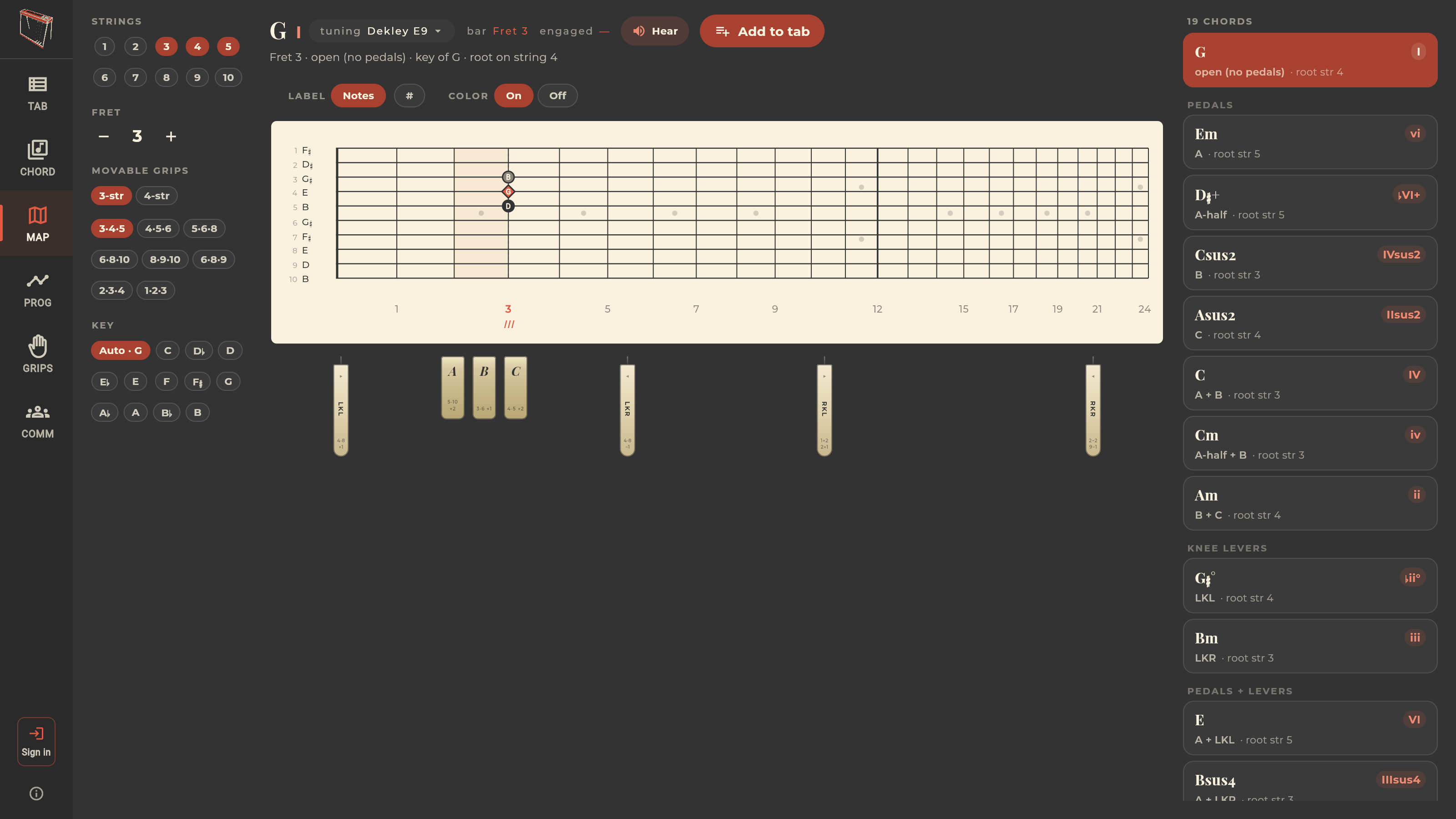 Fretboard map showing all 19 chords available at fret 3 across pedals and levers