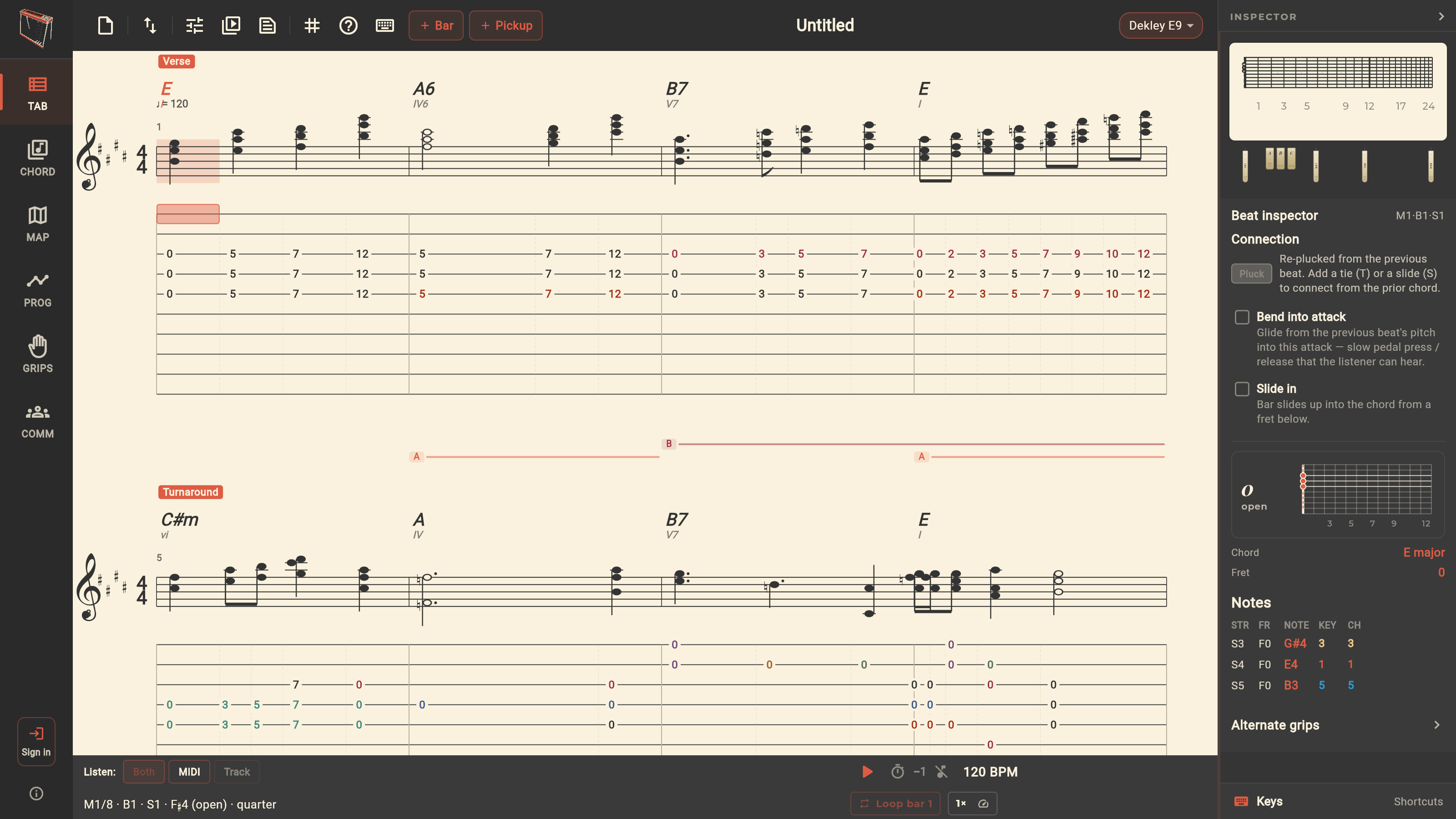 Tab editor with pedal steel notation, tablature, and beat inspector